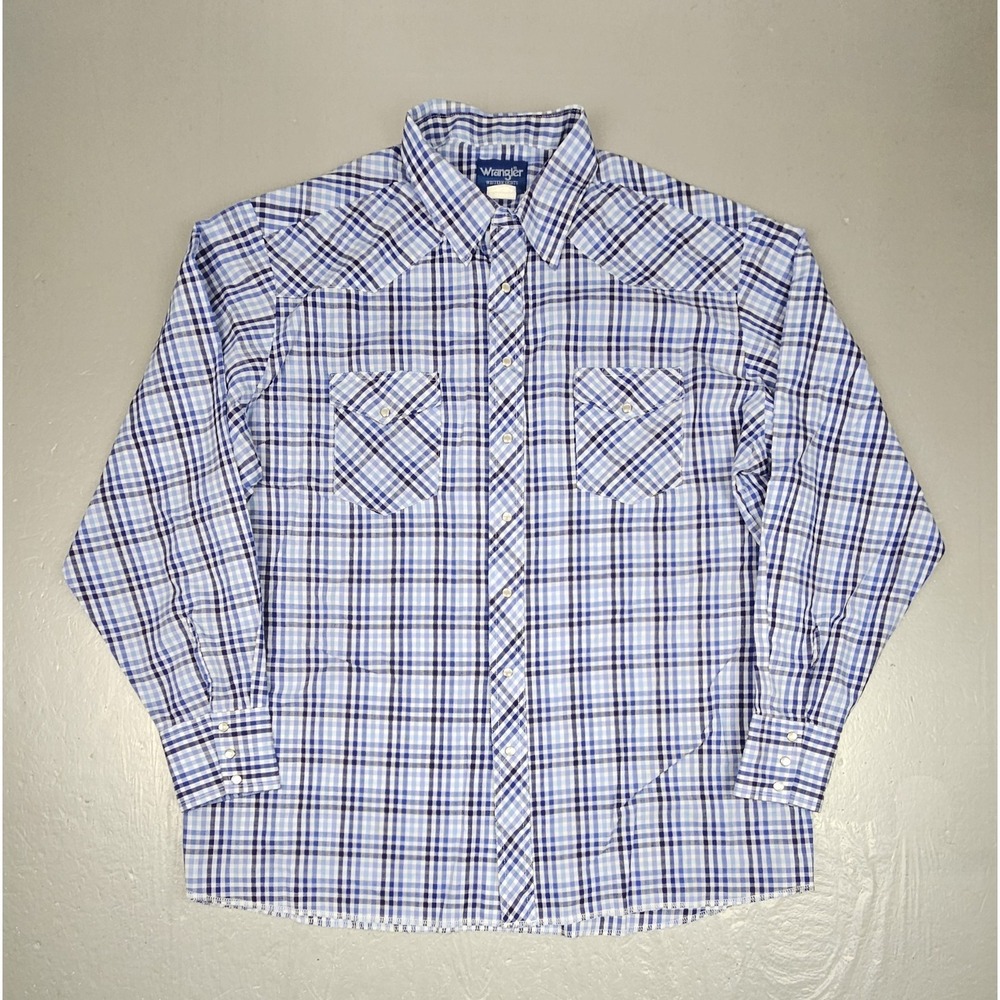 Vintage Wrangler Shirt Mens 2X Blue Plaid Pearl Snap Western Cowboy Workwear